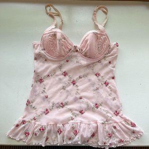 Rare Victoria’s Secret Y2K Pink Fairy Floral Embroidered Mesh Bustier Cami